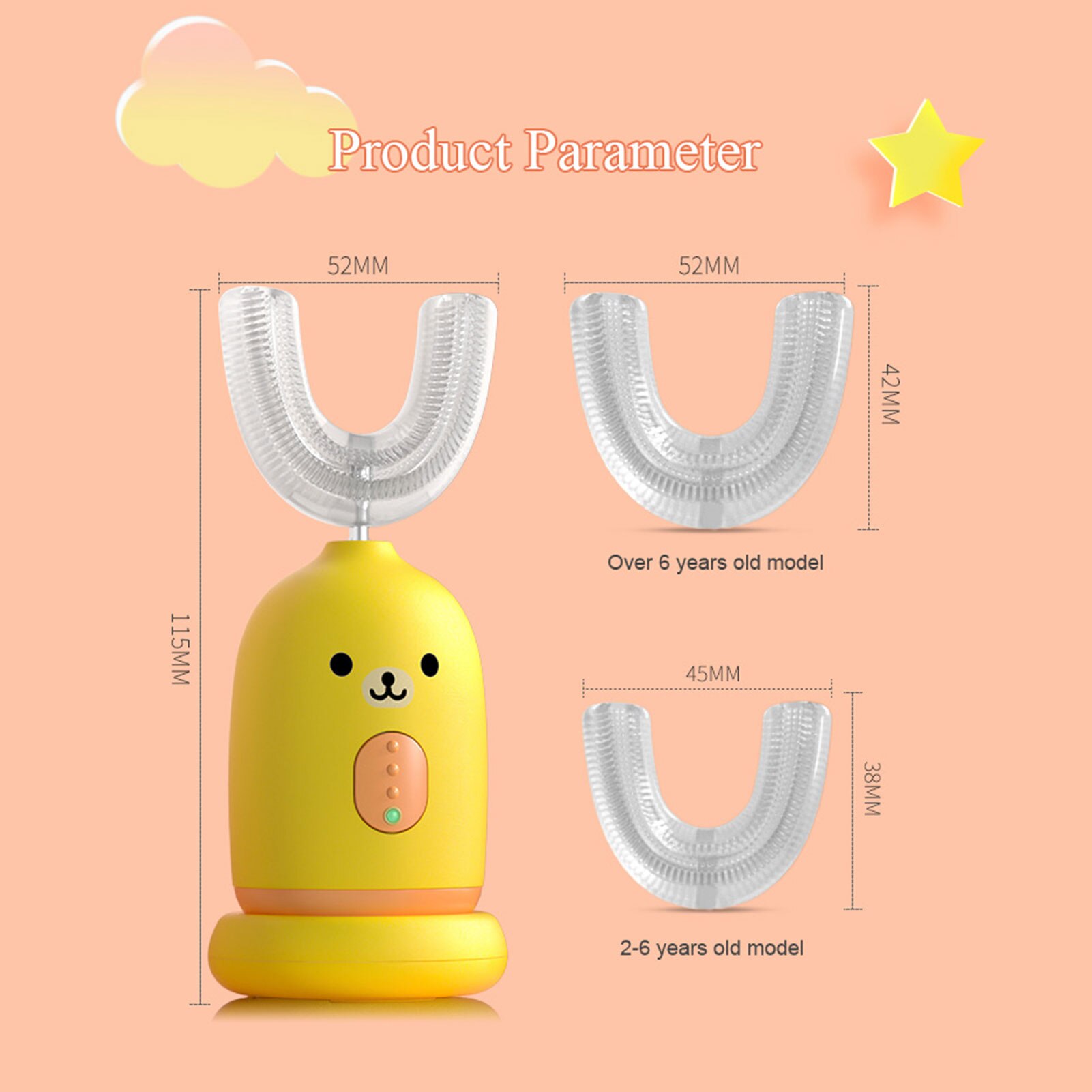 Cepillo de dientes eléctrico para niños, cepillo de dientes sónico en forma de U, carga para bebé, limpieza inteligente