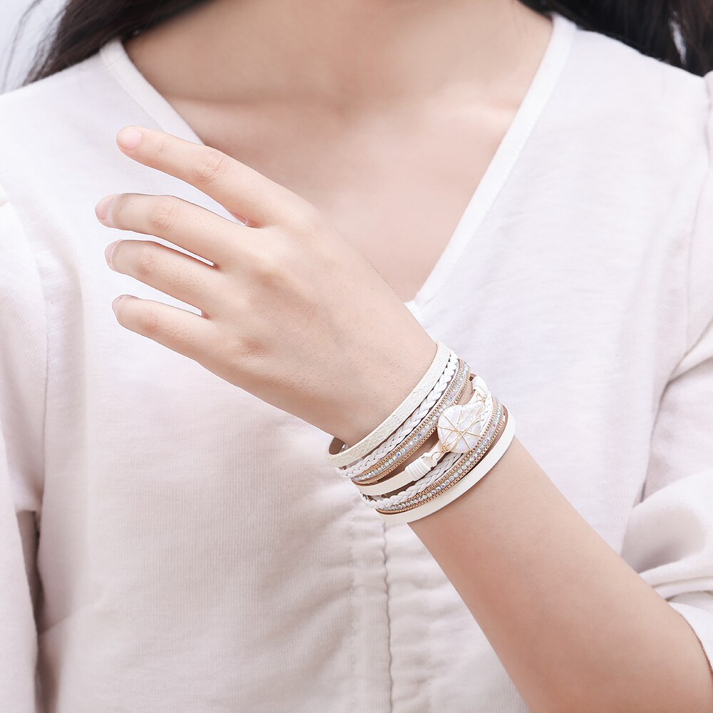 WYBU – Bracelet en cuir multicouche, avec fermoir magnétique, perles, corde, pour femmes et filles