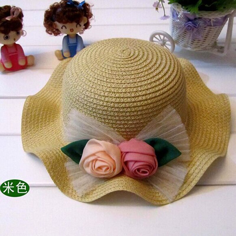 Sun Hats For Girl Summer Children Flouncy Straw Hat Two Roses Bud Silk Caps