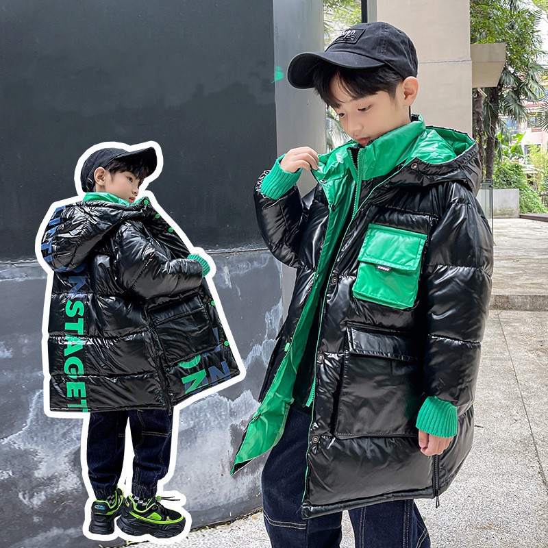 Veste d&#39;hiver russe pour enfants, Parka pour garçons, vêtements noirs brillants, manteaux imperméables à capuche, vêtements d&#39;extérieur mi-longs pour adolescents de 4 6 8 10 12 ans