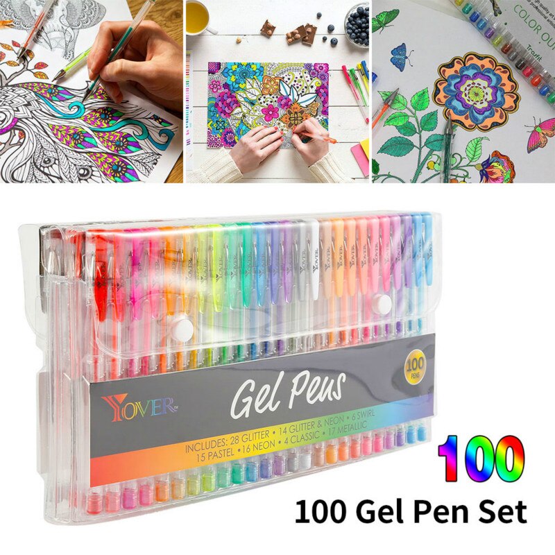 100 Colors Flash Gel Pens Set Glitter Gel Pen for Adult Coloring Books Drawing Doodling Art Markers