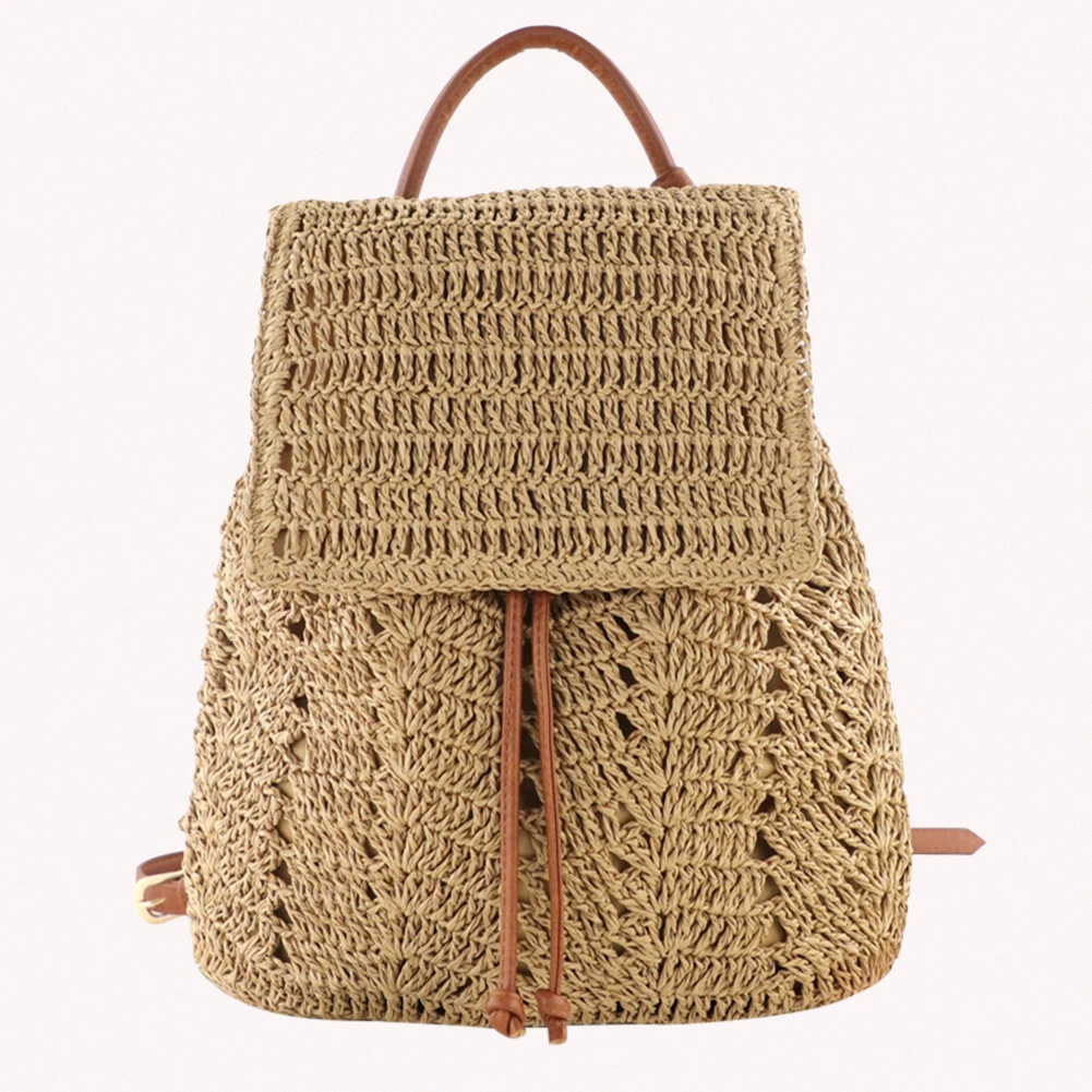 Women Straw Backpack Handmade Woven Casual Beach Shoulders Bucket Bag