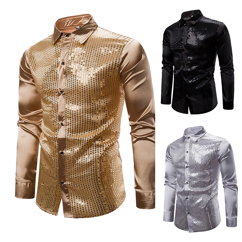 Chemise à manches longues pour hommes en soie dorée, en paillettes, robe Disco brillante, pour les soirées en boîte de nuit, bal Hip Hop, Streetwear, modèle chemises décontractées