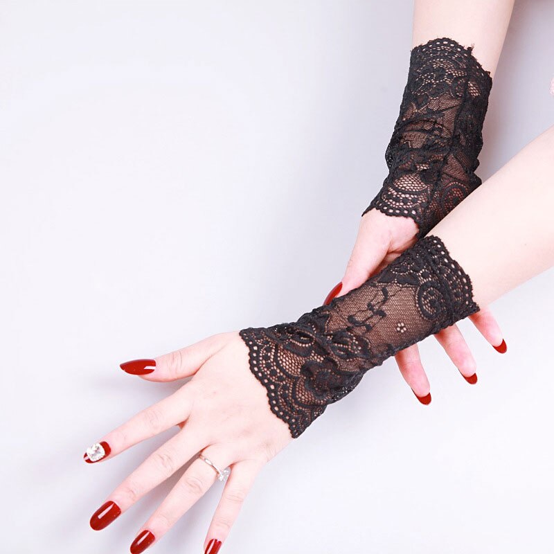 18Cm Frauen Spitze Handschuhe Schwarz Weiß nackt Figerless Kurze Fahr Handschuhe Damen Halb Finger Fischnetz Sonnencreme Party Arm Hülse