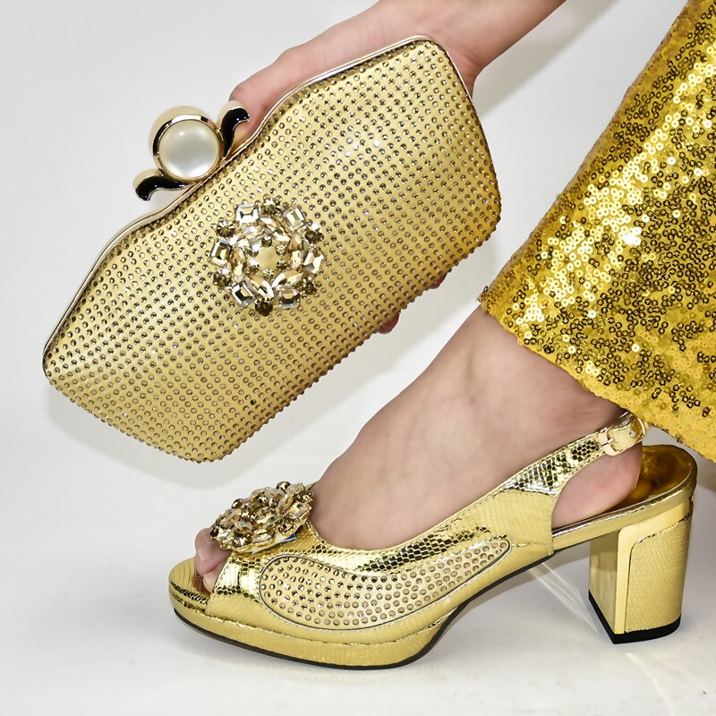 Latest Shoes and Bag Sets for Women Italian Shoes with Matching Bags for Wedding Italy Luxury Shoes Women: Gold / 7.5