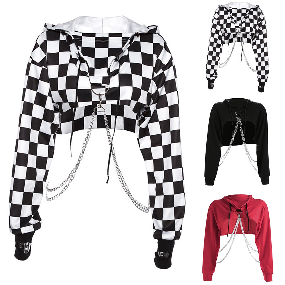 Cadena sudadera camiseta pantalón corto Casual sudaderas con capucha ropa de calle Punk suelto de manga larga de las mujeres costura Sudadera con capucha corta con capucha cosecha