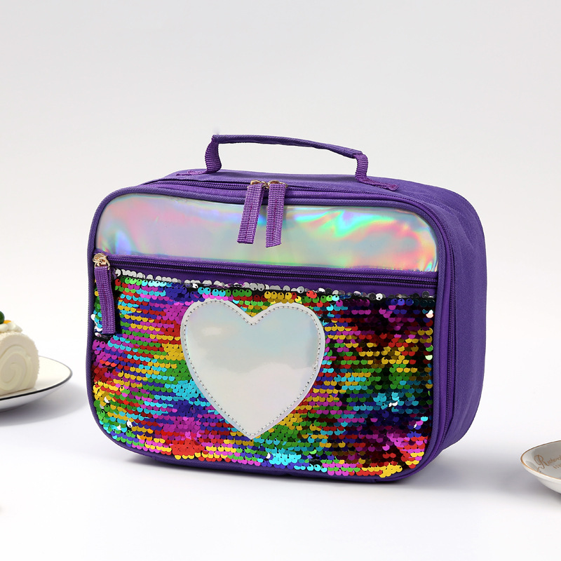 Mode Waterdichte Reverse Sequin Geïsoleerde Kinderen Meisjes Jongen Lunchbox Glitter Draagtas Koeler Picknick Zakje Voor Voedsel: Purple2