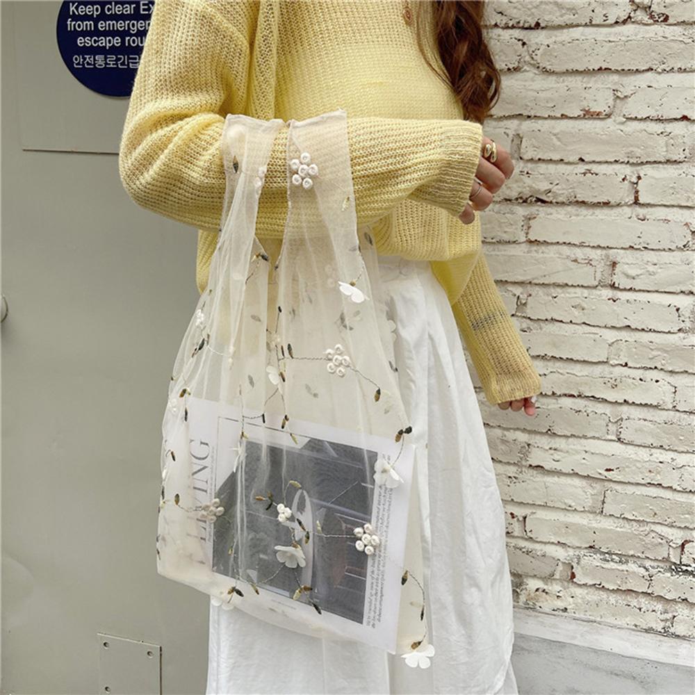 Spring Women Small Transparent Tote Mesh Cloth Bag Daisy Embroidery Handbag Eco Fruit Bag Purse For Girls: Style D-Beige