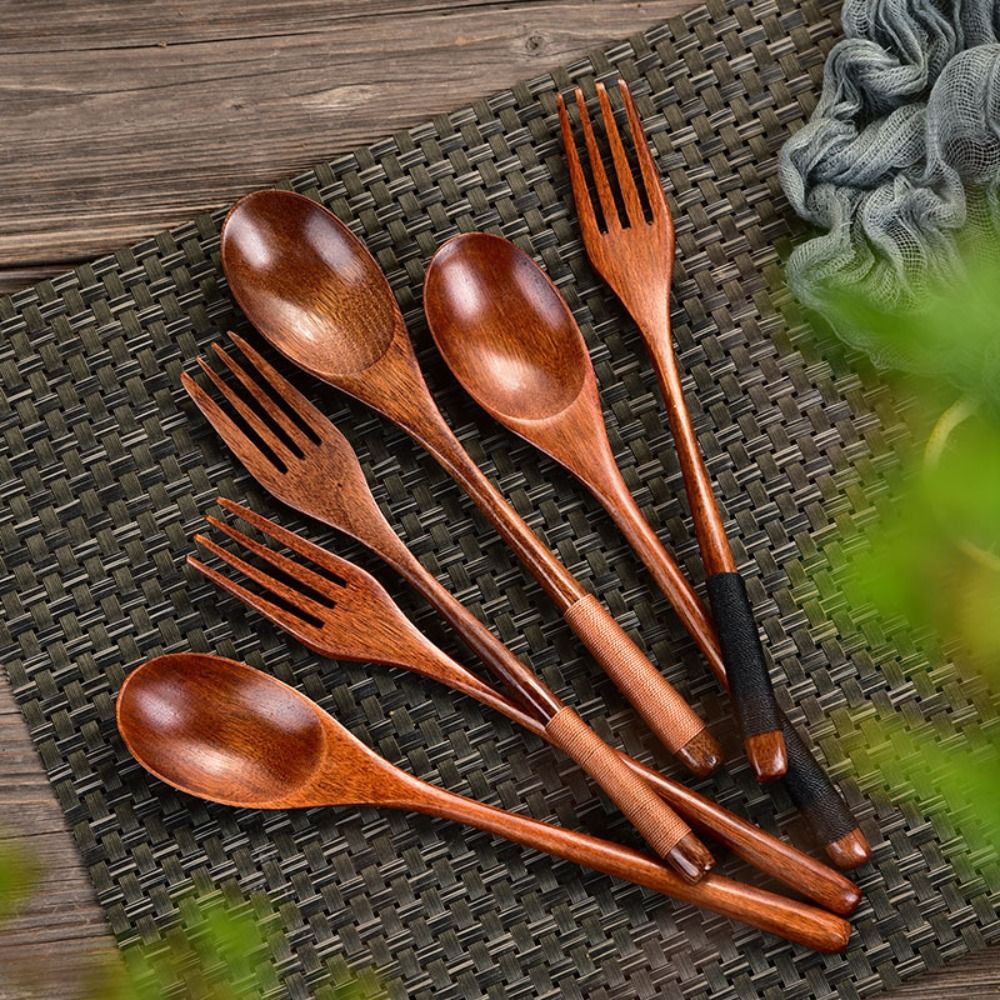 Cuchara de madera Natural, tenedor, Kit de cena, utensilio para sopa de arroz, cereales, utensilios de cocina caseros hechos a mano, vajilla, cubiertos para Cocina