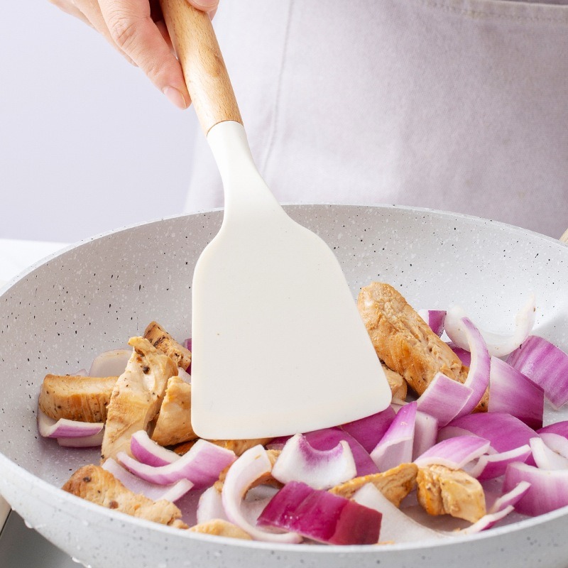 Khaki Kitchen Tools 12 Piece Silicone Spatula With Storage Bucket Wooden Handle Silicone Kitchen Set Cooking Kitchen Accessories