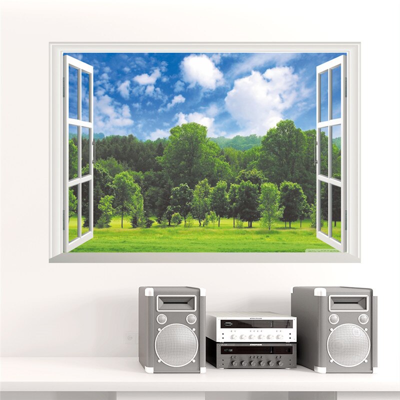 Cartoon Forest Tree Window View Wall Sticker PVC 3d effect Vivi through Wall decals Home Bedroom living room decoration