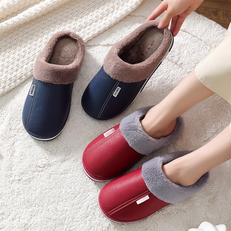 Men's Slippers Home Winter Plush Waterproof Leather Warm Shoes Thick Bottom House Slipper Man Indoor Cotton Slippers Women Shoes