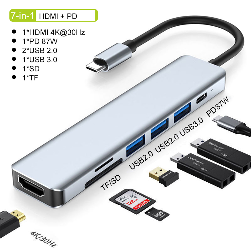Usb c hub type c splitter til hdmi 4k thunderbolt 3 dokkingstasjon bærbar adapter med pd sd tf  rj45 for macbook air  m1 thinkpad: 7 i 1 hdmi pd
