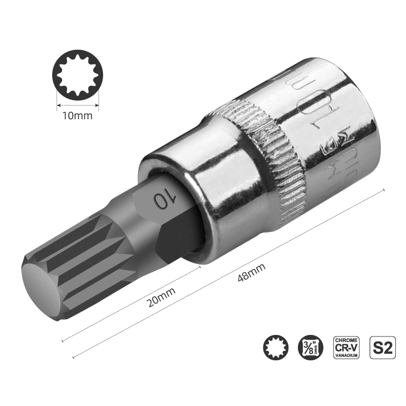 1PC 3/8" Drive S2 Alloy Spline Screwdriver Bits 12 Point MM Spline Socket Bit M8 M10 M12: black