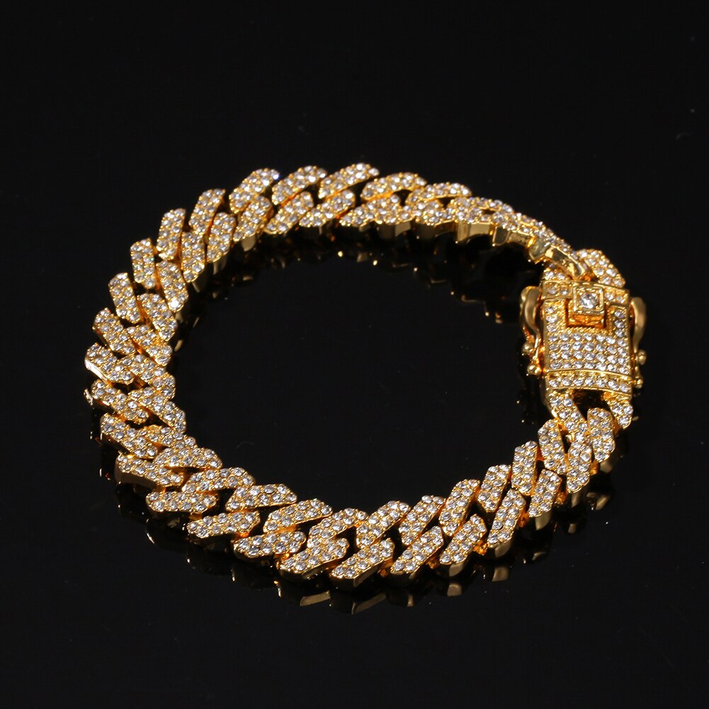 THE BLING KING 12mm Bling S-Link Miami Cuban Bracelets Gold Color Full Iced Rhinestones Hiphop Mens Bracelet Jewelry: gold / 9.5inch Anklet