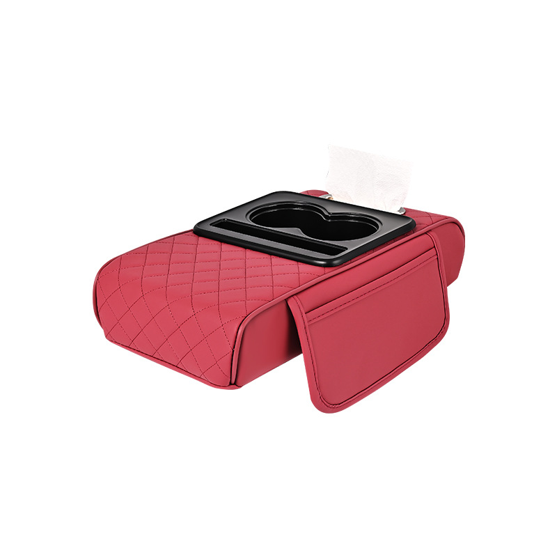 PU Leather Car Armrest Box Heightening Cushion with Cup Holder Tissue Box Side Storage Pocket Arm Rest Cover Height Pad