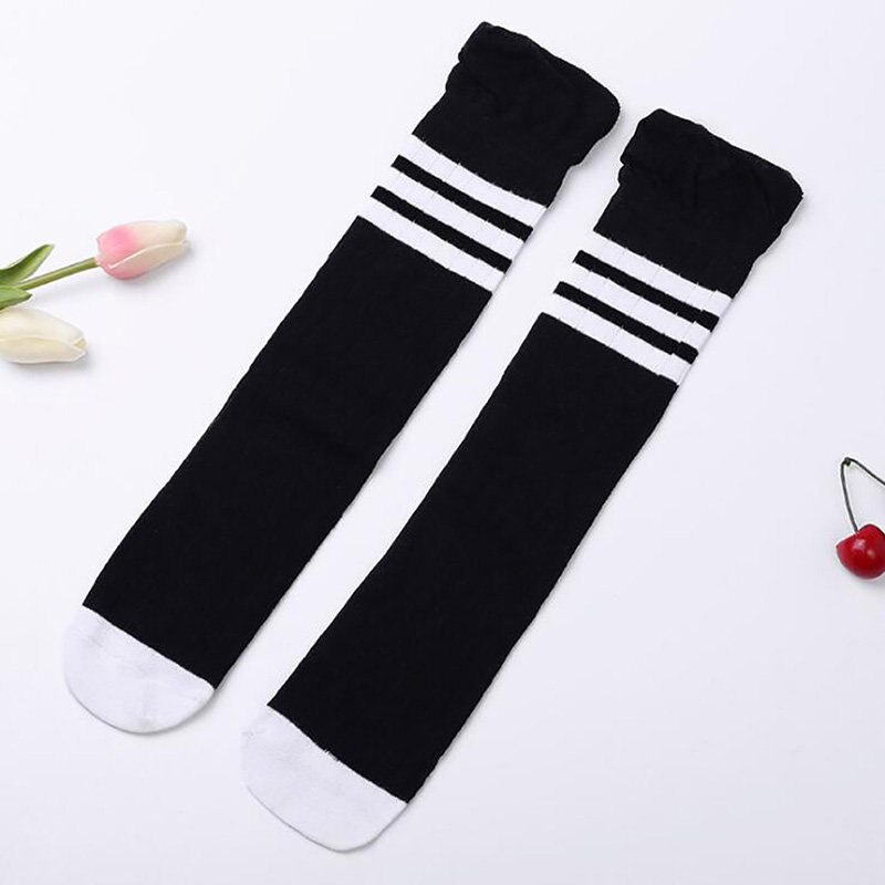 Kids Baby Girls Stockings Soft Cotton children's kittens striped Stockings girl students thigh Knee socking half Heap socks: Black