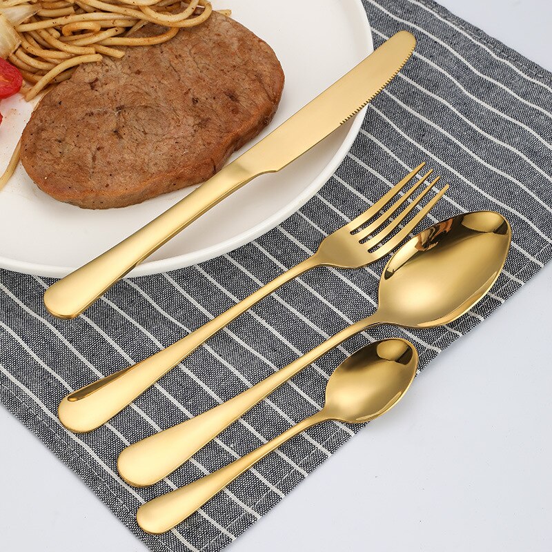 24pcs Gold Tableware Set Stainless Steel Knife Fork Spoon Dinnerware Box Cutlery Set Kitchen Flatware Tools Housewarming
