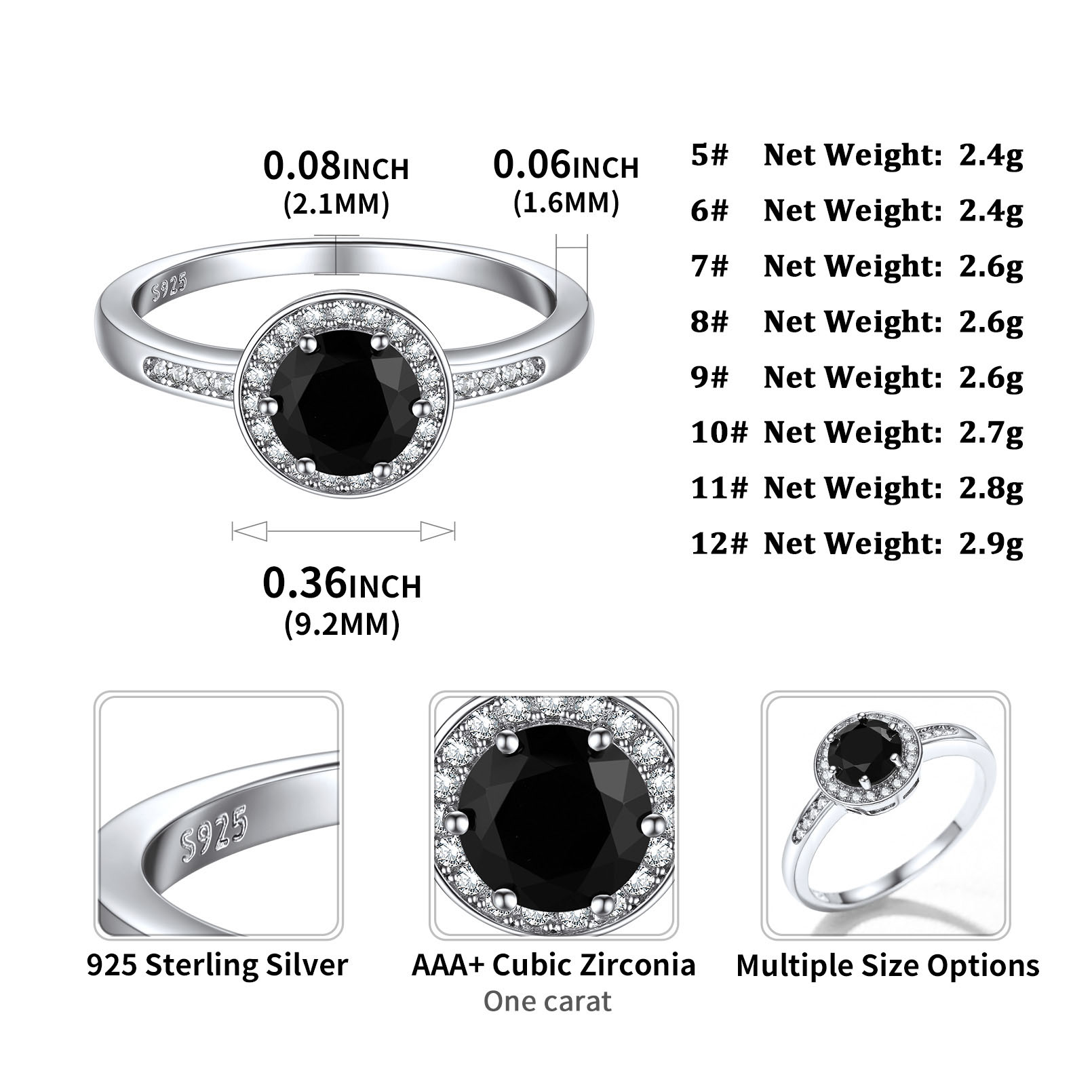Anillos de boda de Plata de Ley 925 para mujer, talla 5 -12, cristal blanco y negro, Halo CZ, joyería delicada de aniversario, para ella QC25: Rojo / 9