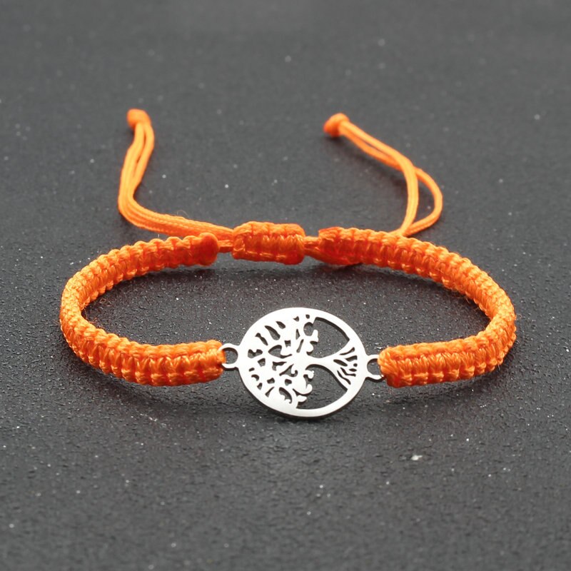 Pulsera de cuerda hecha a mano para hombre y mujer, brazalete de acero inoxidable con colgante de árbol de la vida, ajustable, para pareja: Orange