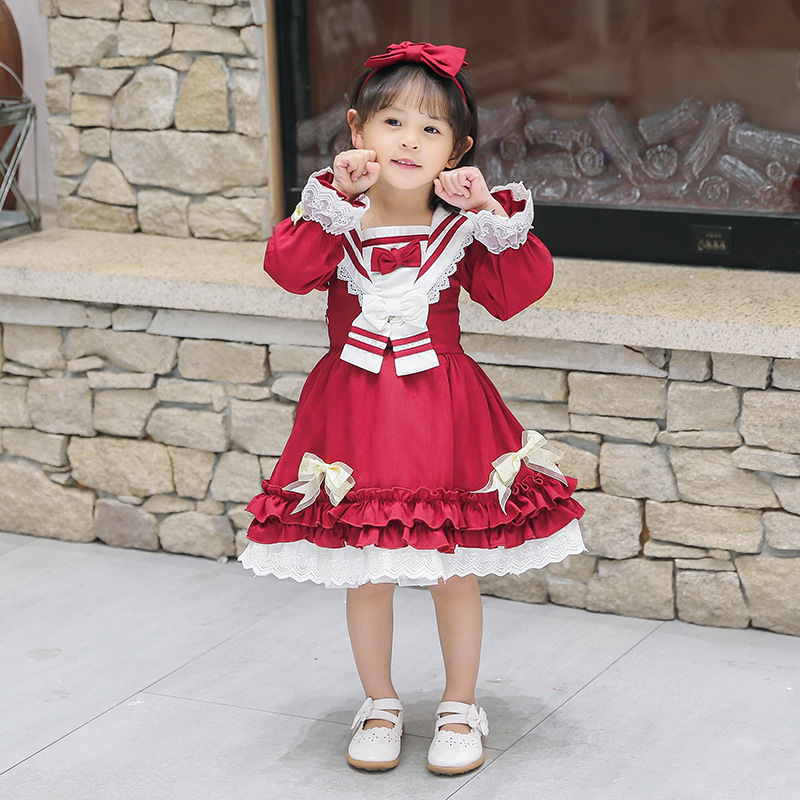 Barn lolita klänning japansk kawaii lolita kostymer blå/röd långärmad spetsklänning barns prinsessa tefest kläder  vo816