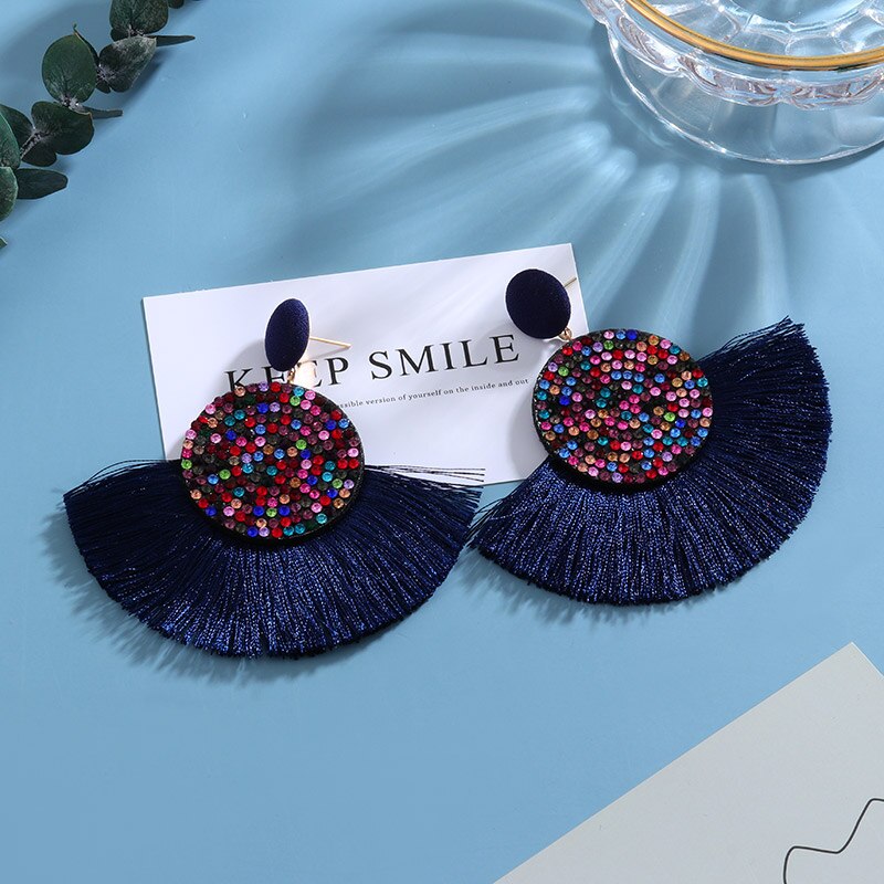 Bohemian Tassel Earrings for Women Cotton Silk Fabric Long Fringe Dangle Earrings Party Female Jewelry: Blue 7