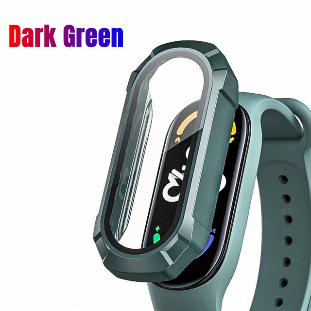 Funda de PC + Protector de pantalla de vidrio templado para Xiaomi Mi Band 8, 7, 6, 5, 4, mi band 8, parachoques protector, accesorios de cubierta antiarañazos: XS / Caqui