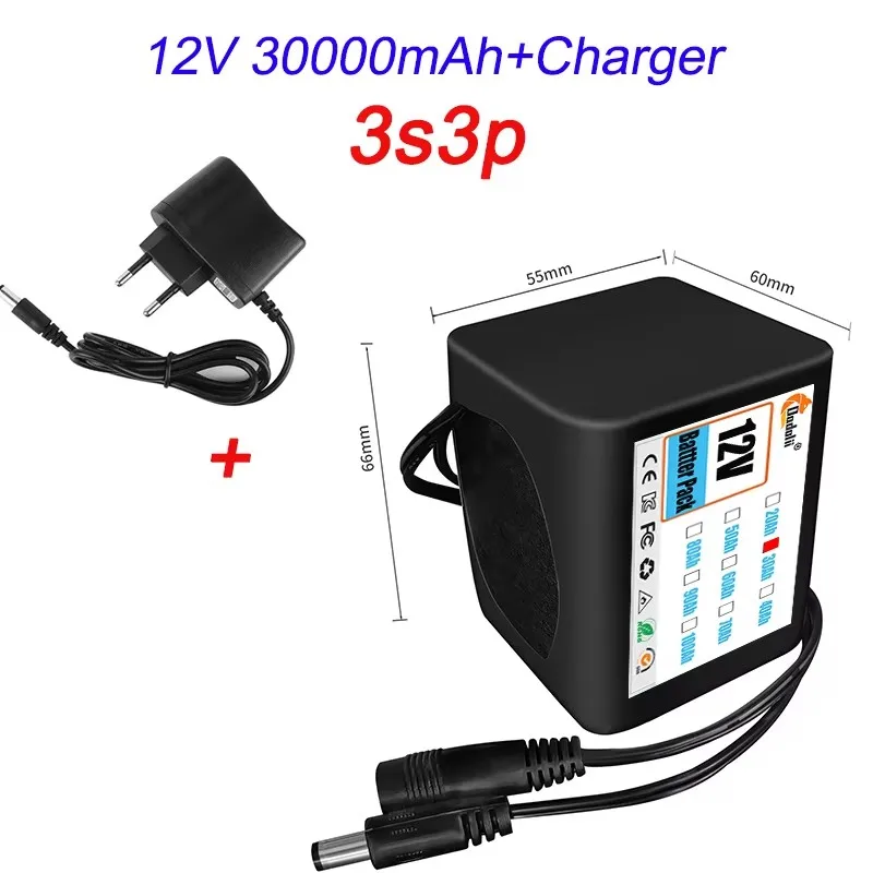 Bateria 3S3P 12V 18650 Lithium-ion 12V 30000mAh DC12.6V Bateria recarregável de ultra grande capacidade com BMS + carregador: Verde