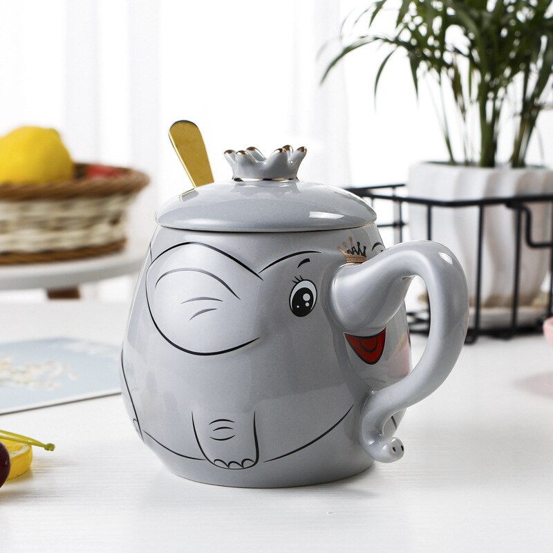 Cartoon Stereo Relief Elephant Ceramic Coffee Mug With Lid Spoon Home Office School Milk Tea Water Mugs Drinkware Cup: 6