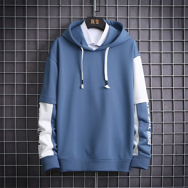 Men Preppy Style Casual White Hooded Hoodies Simple Running Pullover Boyfriend Sweatshirt Male Korean Autumn Loose Cotton Hoodie: Blue