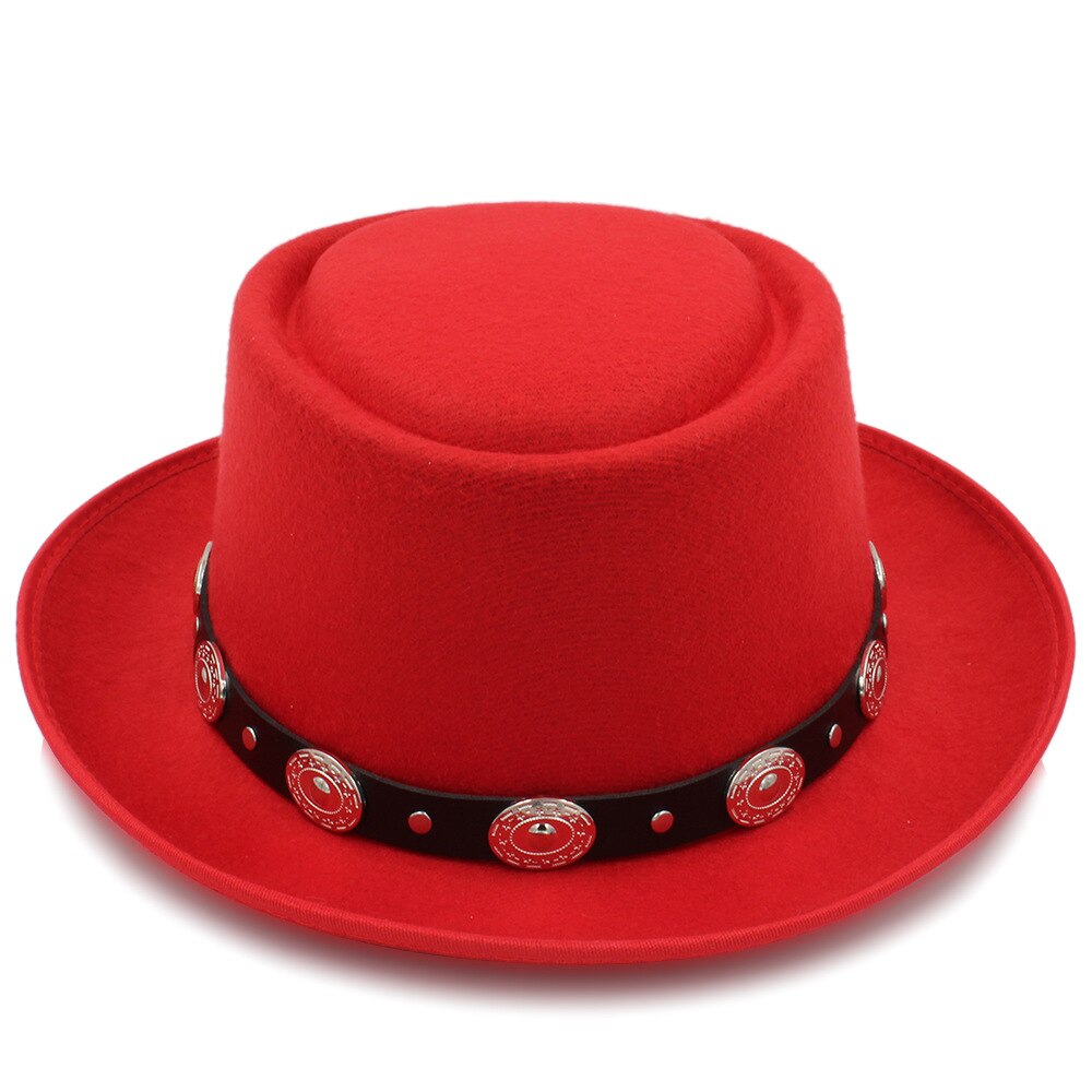 Vrouwen Pork Pie Hoed Vader Wol Platte Fedora Hoed voor Dame Koningin Gambler Schipper Trilby Hoed Hoed Maat 58 cm: Red