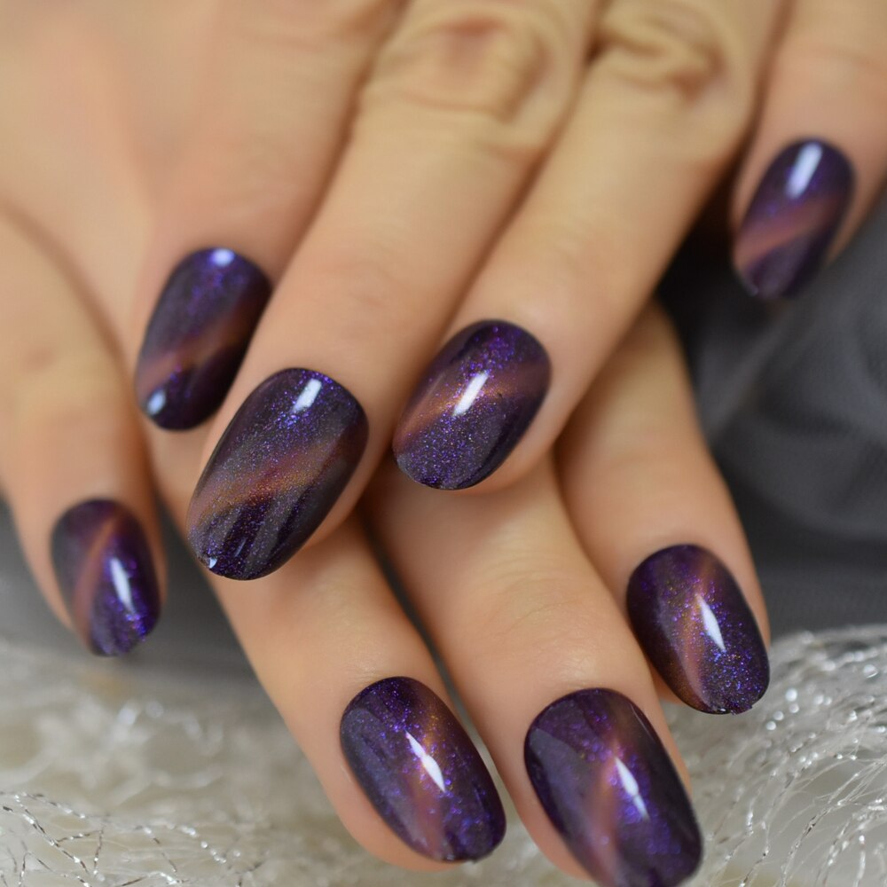 Dark Purple Nep Nagels Galaxy Shimmer Glitter Gel Nagels Hand Painted Nail Art Tips Ovale Ronde Medium Druk Nail Vingernagels 24