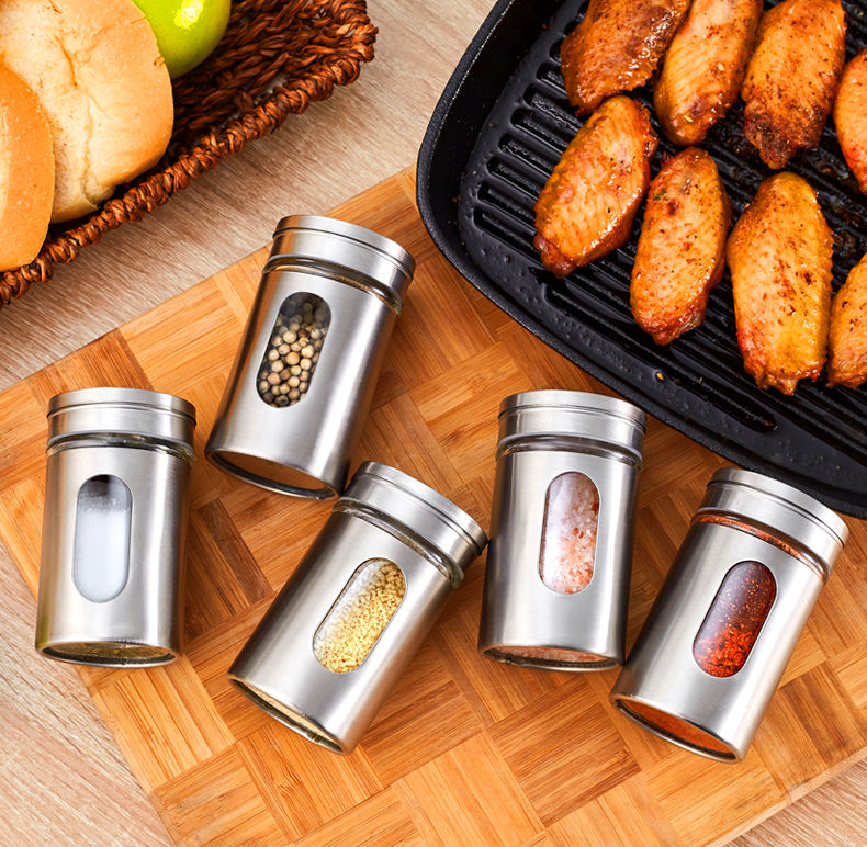 Tarros de especias de acero inoxidable, latas de condimento, tapa giratoria, salero, pimentero, palillo de dientes, botella para almacenamiento de condimentos, estante de especias de cocina