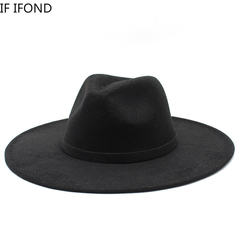 9.5CM Women Men Big Wide Brim Wool Fedora Hat British Style Winter Gentleman Lady Jazz Church Hats
