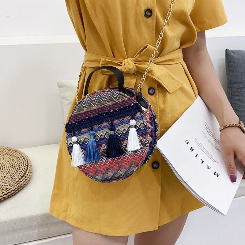 HUNI Women Bag National Wind Small Bags Female Tassel Portable Round Bag Woven Shoulder Bags