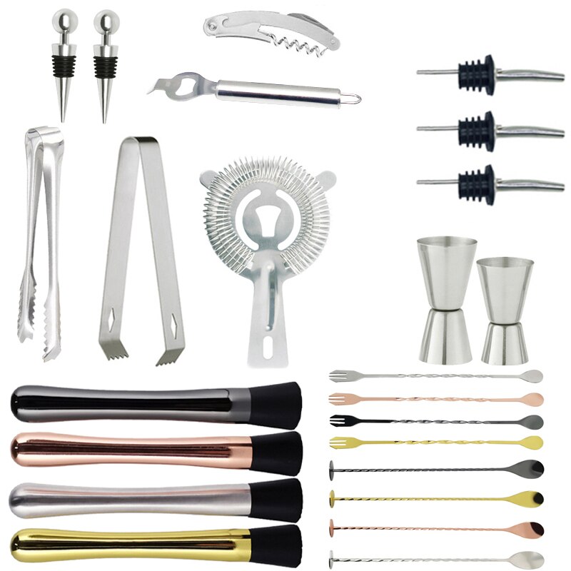Outil de Bar pour Cocktail en acier inoxydable, filtre, bec verseur, cuillère à mélanger, couteau à chaîne, pinces à glace, tasse à mesurer, Shaker à Cocktail