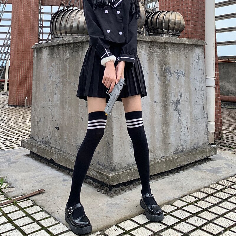 Japanese Velvet Long Socks Over The Knee Striped Socks Stockings Female Student Jk Uniform Knee Socks Thin White Summer Thin