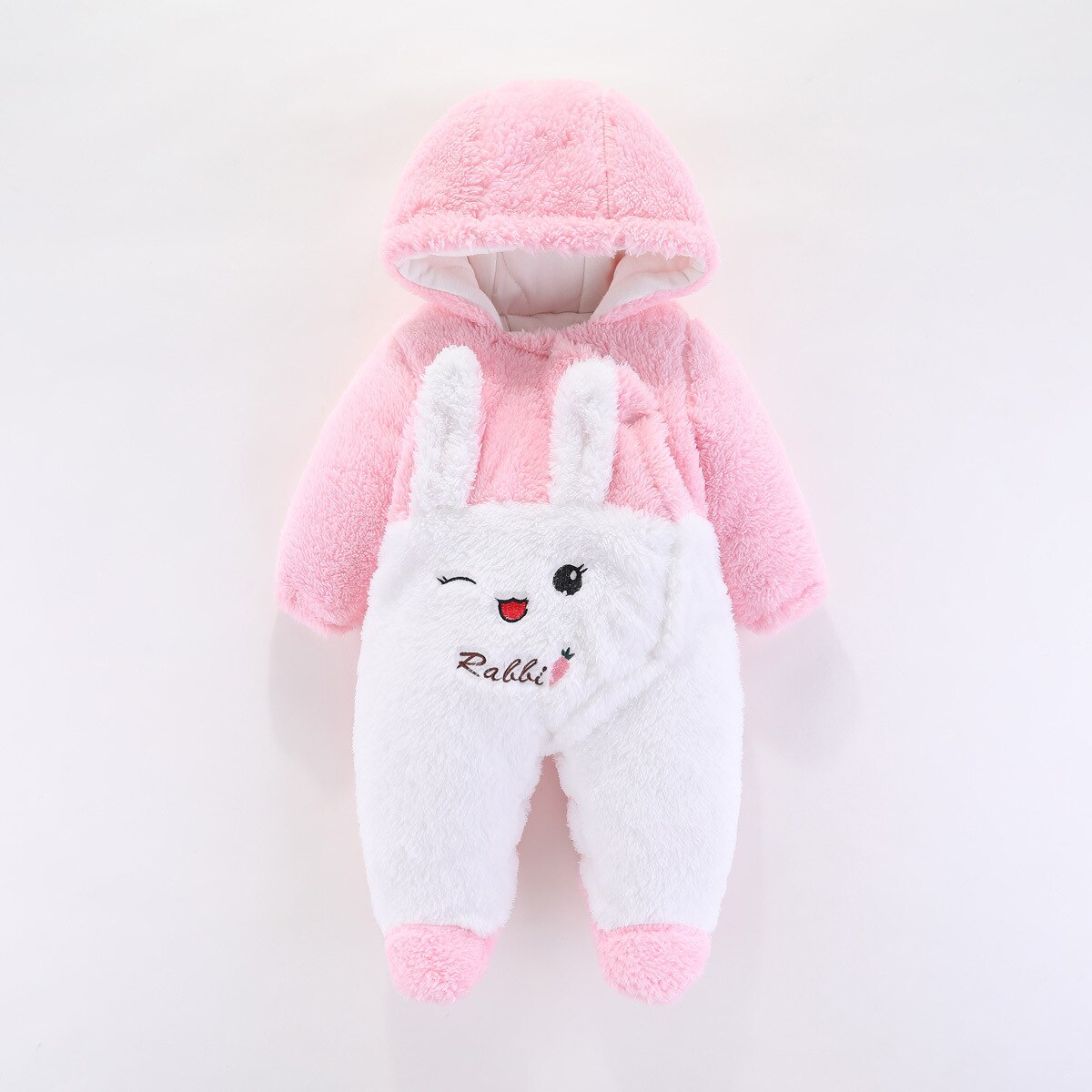 Boy Girl Hooded Jumpsuit Baby Winter Romper With Feet Kids Cartoon Rabbit Outfit Bodysuit Newborn Toddler Cotton Romper Pajamas: Pink / 12m