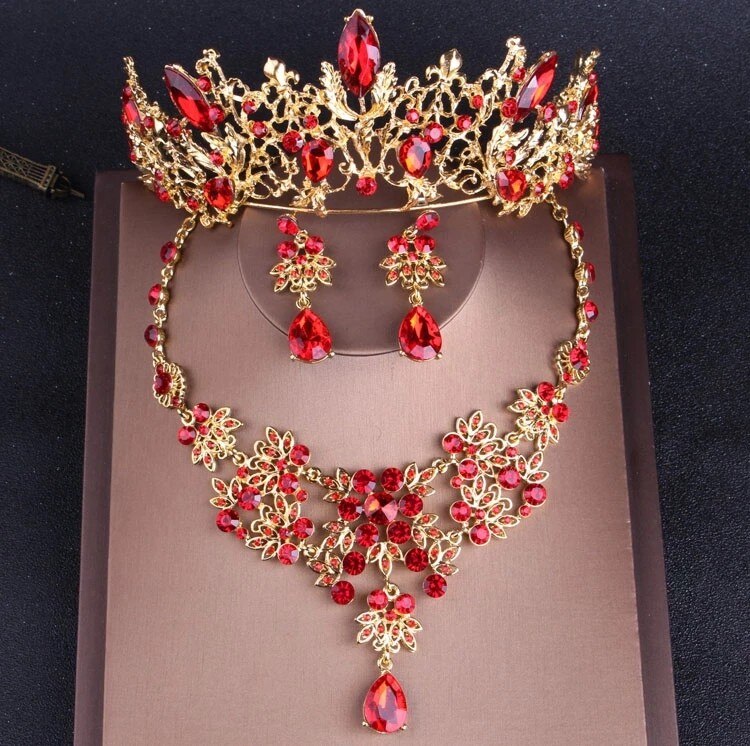 Baroque Vintage Gold Red Bridal Jewelry Sets with Tiaras Choker Crystal Rhinestone Necklace Earrings Set Wedding Crown: 3Pcs Jewelry Set1
