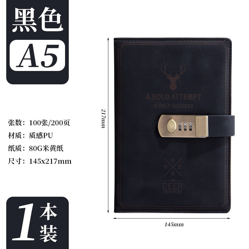 Diary Super Thick Notes Password Lock Journal Business Office School Supplies Sketch Stationery Notebook Daily Work Page Notepad: Black Notebook A