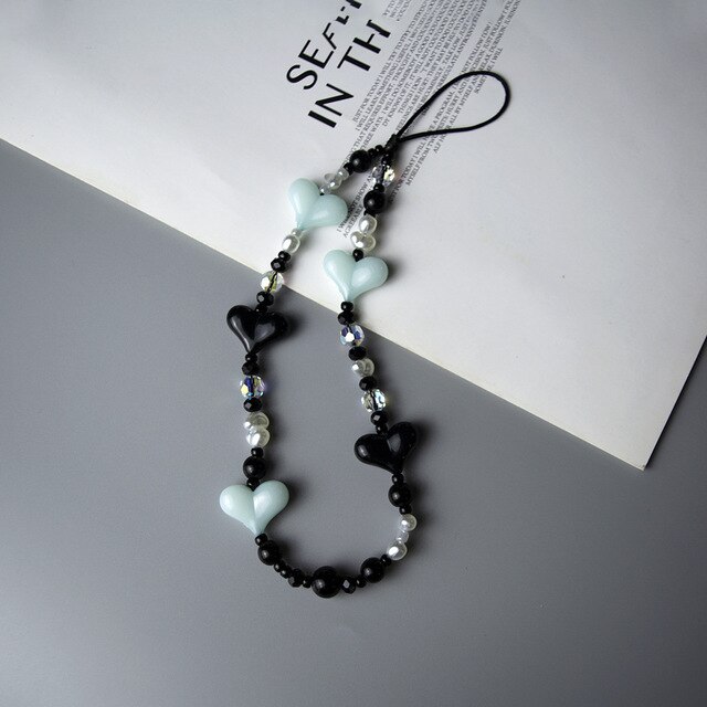 Pearl Heart Black Beads Beaded Phone Chain Vintage Baroque Pearl Phone Charm Lucky Phone Strap Lanyard Women: 1