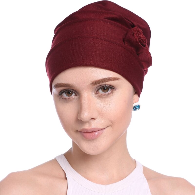 Women Ruffle Chemo Turban Scarf Beanie Cap Hat for Cancer Patient: Burgundy