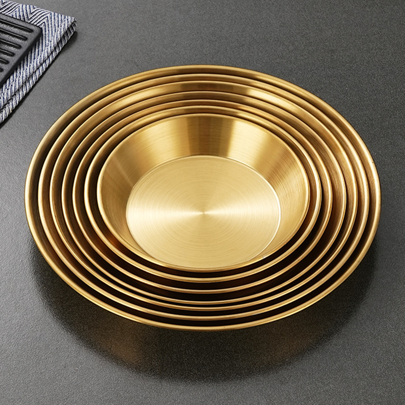 Koreanische Luxus Edelstahl runde Platte goldene flache Boden Aufbewahrung stablett verdickte Obst kuchen Steak Snack Gerichte
