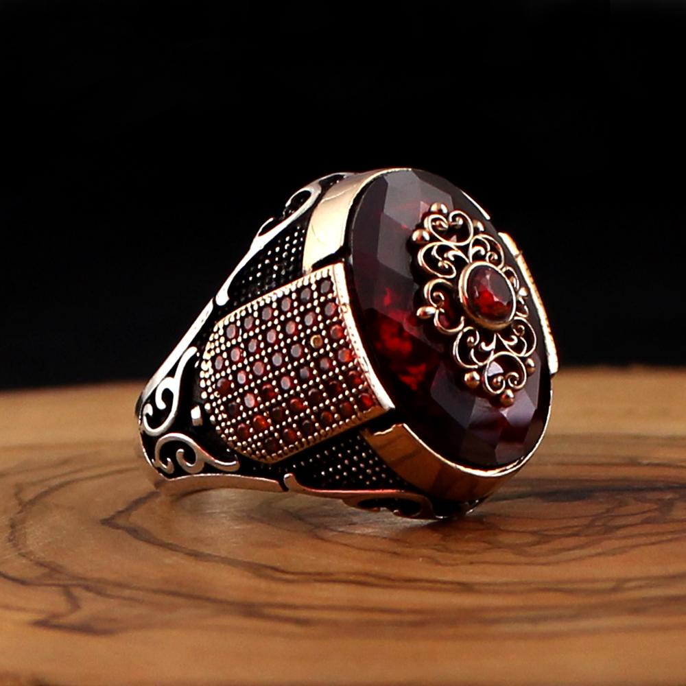 Echt 925 Sterling Silber Ring Für Männer Rot Natürliche Zirkon Stein Schmuck Vintage Aqeq Onyx Herren Zubehör Alle größe