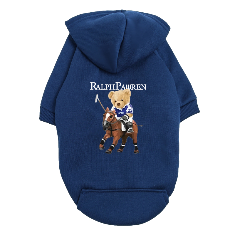 Navy Blue Dog Hoodie with Bear Rider Print - Small Medium Dog Polo Sweatshirt - Inspired Pet Clothes