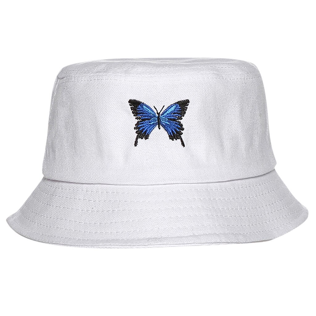 Le donne Blu Della Farfalla Del Ricamo Del Cappello Della Benna Pieghevole anti-scottature Bianco Cappello Del suola Della Protezione di anca salto Berretto di Pesca Kapelusz 20Jun25