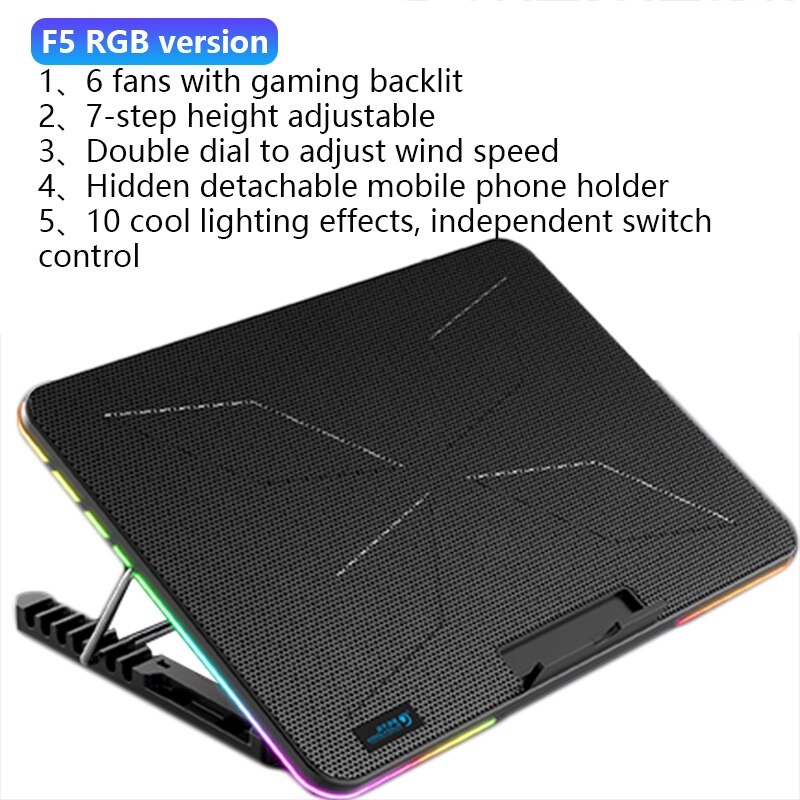 Coolcold 12-17 Inch RGB Gaming Laptop Cooler ,Six Fan Cooling Bracket With Led Screen,Notebook Cool Stand Two USB Ports: F5 RGB