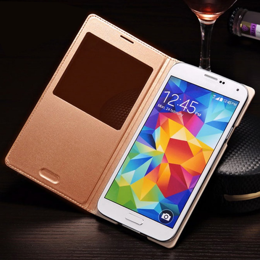 Funda de cuero con tapa para Samsung Galaxy S5 S 5 galays5 Samsungs5 SV I9600 SM G900 G900F G900FD SM-G900F Smart View