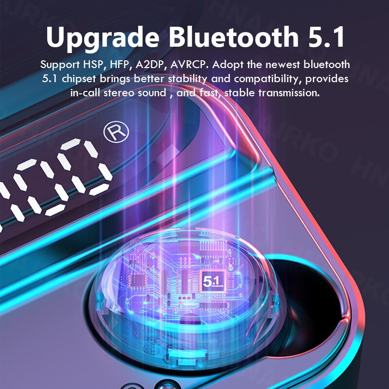 Bluetooth-oortelefoons, 2000 mah, draadloze hoofdtelefoon met microfoon, waterdichte sportoordopjes, mini-zaklamp, oordopjes met touchbediening.