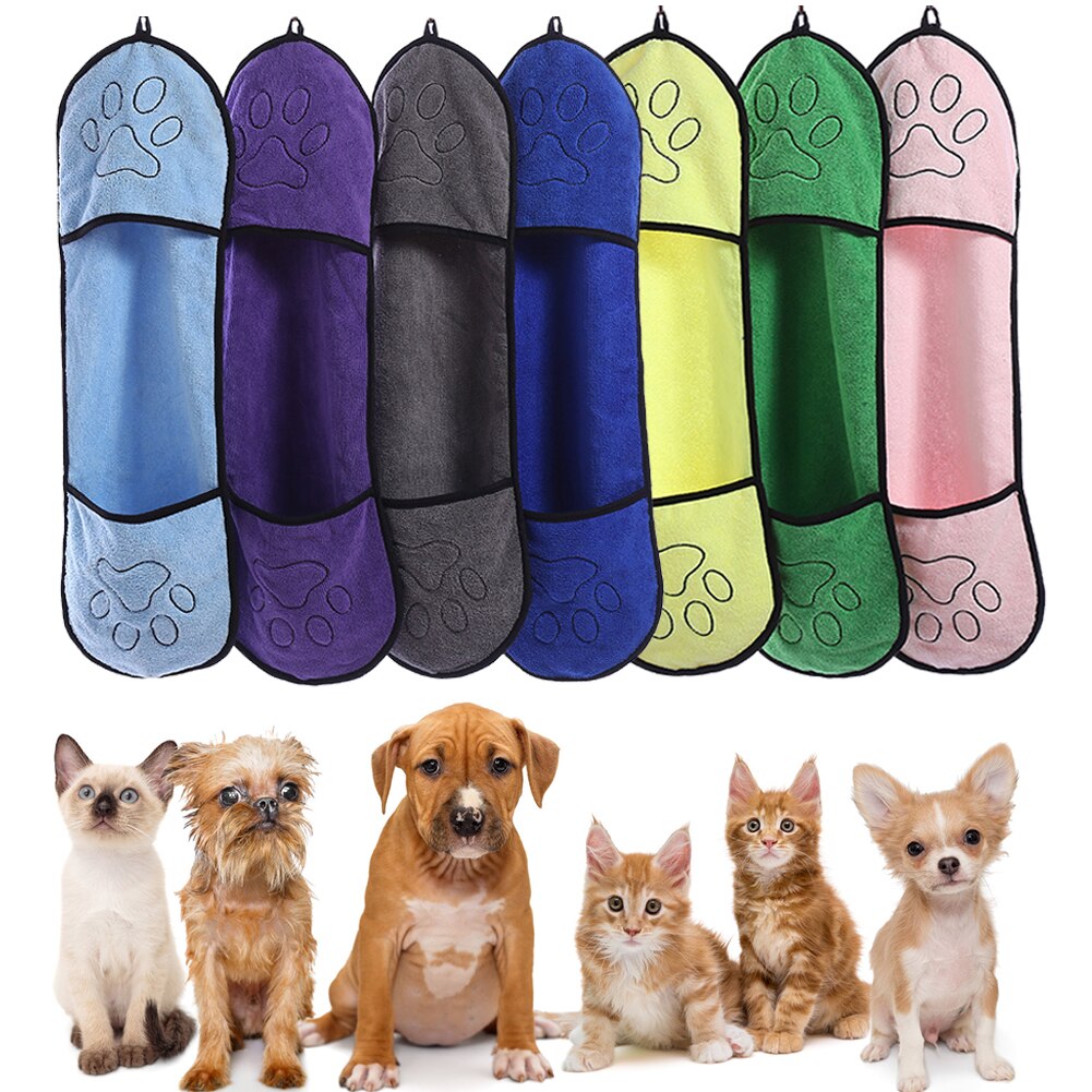 Pet Dog Bath Towel Microfiber Ultra-Absorbent Cat Small Dogs Drying Towel Blanket With Pocket For Large Dogs Bathrobe 23*65cm
